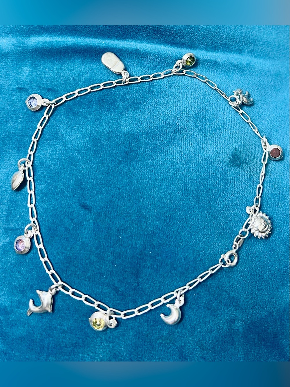 Silver Charm Necklace with Moon, Dolphin & Gem Accents - Silver